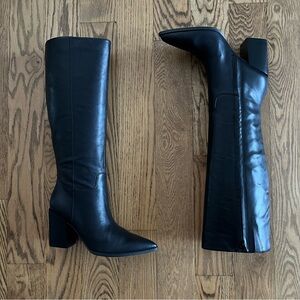 Nine West BRIXE Pointed Toe Black Leather Block Heel Boots 12M